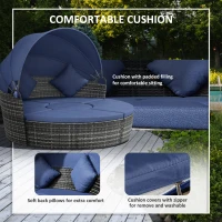 Outsunny 4 Pieces Outdoor Daybed with Retractable Canopy, Wicker Round Sofa Day Bed, Conversation Furniture Set, Dark Blue(m-6)