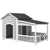 PawHut Wooden Dog House Outdoor with Porch, Cabin Style Raised Dog Shelter with Asphalt Roof, Doors, and Shutter Window, for Medium Large Sized Dog, Light Gray(m-11)