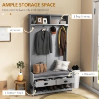HOMCOM Coat Rack Shoe Bench, Hall Tree with Bench and Shoe Storage, Entryway Bench with 4 Hooks, 2 Drawers, 2 Shelves, Grey(m-4)