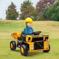 Qaba 12V Kids Ride On Dump Truck Construction Vehicle w/ Electric Dump Bed, Shovel, Spring Suspension Wheels(m-1)