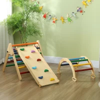 Qaba 5 in 1 Wooden Pikler Triangle Set for 18-48 months, Multicolor(m-9)