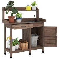 Outsunny Potting Bench Table with Sink, Outdoor Work Bench Table with Storage Cabinet, Hooks, Removable Sink, Faucet and Drawer for Greenhouse, Garden, Patio, Dark Brown(m-1)