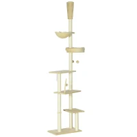 PawHut Floor to Ceiling Cat Tree, Cat Climbing Tower with Platforms, Bed, Hammock, Scratching Posts, Toy Balls, Beige(m-11)