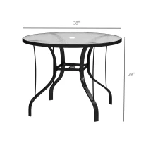 Outsunny 38" Round Patio Table with Umbrella Hole, Tempered Glass Outdoor Dining Table, Black(m-3)
