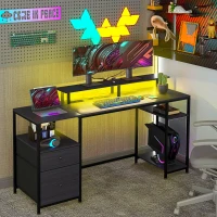HOMCOM 61" Computer Table with LED Lights, PC Desk with Power Outlets, USB Ports, Storage, Wireless Remote, Distressed Black(m-2)