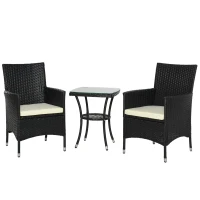 Outsunny 3 Pieces Patio Bistro Set, Outdoor PE Rattan Porch Furniture with Two Armchairs, Glass Top Coffee Table, Black(m-2)