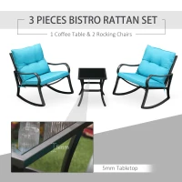 Outsunny 3 Pieces Patio Wicker Rocking Chairs Table Set, Outdoor PE Rattan Furniture with 2 Rockers & 1 Coffee Table w/ Padded Cushions for Deck, Backyard, Garden, Blue(m-4)