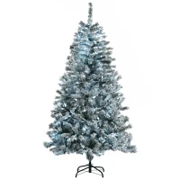 HOMCOM 6' Prelit Artificial Flocked Christmas Trees, with Snow Frosted Branches, Cold White LED Lights, Auto Open(m-11)