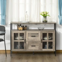 HOMCOM Industrial Sideboard Buffet Cabinet, Coffee Bar Cabinet with Adjustable Shelves, Glass Doors, and 2 Drawers for Kitchen, Living Room, Gray(m-2)