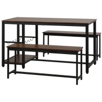 HOMCOM 3-Piece Dining Table Set for 4 with 2 Benches, Rectangular Dining Table and Chairs Set, Industrial Kitchen Table with 5-Bottle Wine Rack, Glass Holder, and Storage Shelf, Rustic Brown(m-11)