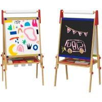 Qaba 3 in 1 Easel for Kids with Paper Roll, Whiteboard, Chalkboard, Double Sided & Adjustable Height, Nature Wood(m-11)
