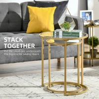 HOMCOM Set of 2 Nesting Coffee Tables with Metal Base, Round Side Table with Tempered Glass Tabletop for Living Room, Bedroom, Gold(m-4)