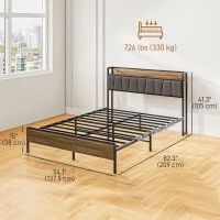HOMCOM Full Size Bed Frame with Charging Station, Full Bed Frame with Upholstered Headboard and Storage Shelf, Walnut(m-3)