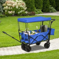Outsunny Collapsible Folding Garden Utility Cart Wagon with Adjustable Push/Pull Handle, Canopy & All-Terrain Wheels, Blue(m-10)