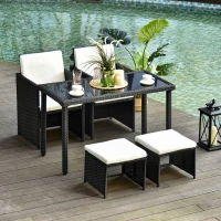 Outsunny 5pc Rattan Wicker Dining Set Outdoor Sofa Table Ottoman Set Space Saving Patio Furniture with Cushion, Black(m-1)
