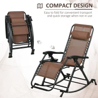 Outsunny 2 Outdoor Rocking Chairs Foldable Reclining Zero Gravity Lounge Rockers w/ Pillow Cup & Phone Holder, Brown(m-4)