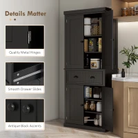 HOMCOM 72" Kitchen Pantry Cabinet, Freestanding Tall Storage Cabinet, Traditional Kitchen Cabinet with 4 Doors, Drawer and 3 Adjustable Shelves for Dining Room, Black(m-7)