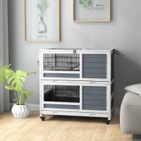 PawHut 2-Tier Indoor Rabbit Hutch Rabbit Cage with Wheels, Feeding Trough, Gray(m-10)