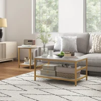 HOMCOM Coffee Tables Set of 2, Rectangle and Round Coffee Table with Storage Shelves, Faux Marble Top, Living Room Table Set(m-10)