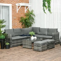 Outsunny 6 Piece Rattan Garden Furniture Set, 8-Seater Outdoor Sofa Sectional with 3 Loveseat Wicker Sofa with Cushions, 2 Footstools and Glass Table for Yard, Poolside, Grey(m-1)