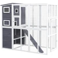 PawHut Wooden Outdoor Catio with Platforms, Asphalt Roof, Ramps, Light Gray(m-11)