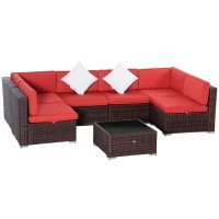 Outsunny 7 Pieces Patio Wicker Sofa Set, Outdoor PE Rattan Sectional Conversation Furniture Set w/ Tempered Glass Coffee Table & Cushion for Garden, Backyard, Red(m-2)