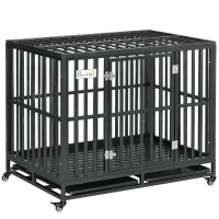 PawHut Heavy Duty Dog Crate Metal Kennel and Cage Dog Playpen with Lockable Wheels, Slide-out Tray and Anti-Pinching Floor, 41" x 29.5" x 35"(m-1)
