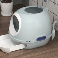 PawHut Cat Litter Box Toilet with Lid, Covered Litter Box with Scoop, Enclosed Drawer, and Skylight, Blue(m-9)