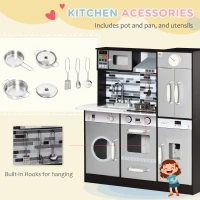 Qaba Wooden Play Kitchen with Lights Sounds, Kids Kitchen Playset with Washing Machine, Water Dispenser, Microwave, Range Hood, Refrigerator, Utensils, Gift for 3-6 Years Old(m-7)