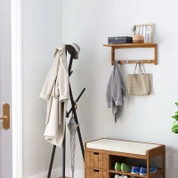 HOMCOM 20" Wall-mounted Entryway Coat Rack Bamboo Wall Shelf Organizer with 4 hooks(m-2)