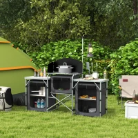 Outsunny Aluminum Camping Kitchen, Portable Folding Camping Table with Fabric Cupboards, Windshield, Bag for BBQ, Picnic, Black(m-10)