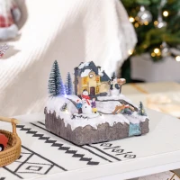 HOMCOM Christmas Village Rotating Skating Pond Animated Winter Wonderland Set with LED Light, Music, Fiber Optic, Battery-Operated Christmas Decoration(m-10)