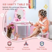 Qaba Kids Vanity Table & Chair Set Girls Dressing Set with Mirror Drawer Cute Patterns for 3-6 Years Old, Pink(m-4)