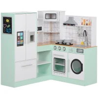 Qaba Play Kitchen, Corner Kids Kitchen Playset w/ Chalkboard, Range Hood, Ice Maker, Stove, Microwave, Sound & Lights(m-11)