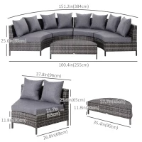 Outsunny 5PC Patio Furniture Set Outdoor Garden Rattan Wicker Sofa Cushioned Half-Moon Seat Deck with Pillow, Table, Grey(m-3)