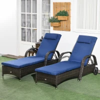Outsunny 2 Piece Reclining Chaise Lounge Chairs, Rolling Outdoor Chairs with Cushion, Pillow, Headrest, Armrests, Wheels, Brown(m-10)