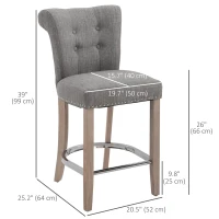 HOMCOM Bar Stools Set of 2, Upholstered Counter Height Stools with Button Tufted Back, Wood Legs and Footrest, Grey(m-3)