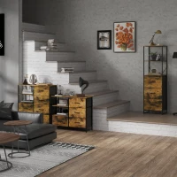 HOMCOM Living Room Storage Cabinet, Industrial Accent Cabinet with 6 Fabric Bins, 2 Open Shelves for Living Room, Rustic Brown(m-1)