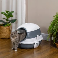 PawHut Foldable Large Cat Litter Box with Lid, Covered Kitten Litter Box w/ Automatic Cat Litter-Proof Sides, Deodorization, Easy to Clean, White and Grey(m-10)
