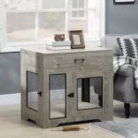 PawHut Dog Crate Furniture with Soft Water-Resistant Cushion, Dog Kennel End Table with Drawer, Puppy Crate for Small Dogs Indoor with 2 Doors, Gray(m-10)