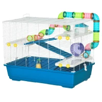 PawHut 31" Large Hamster Cage, Small Animal House, Multi-storey Gerbil Haven, Tunnel Tube System, with Water Bottle, Exercise Wheel, Food Dish, Ramps, Blue(m-11)