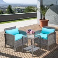 Outsunny 3 Piece Patio Furniture Set w/ Cushions, PE Rattan Outdoor Table And Chairs, 2-Tier Glass Top Coffee Table, Green(m-10)