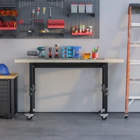 HOMCOM 59" Work Bench with Height Adjustable Legs, Bamboo Tabletop Workstation Tool Table on Wheels for Garage, Weight Capacity 1320 Lbs, Black/Natural(m-7)