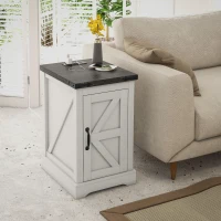 HOMCOM Farmhouse End Table with Storage, Side Table with Charging Station and USB Ports for Living Room, Distressed White(m-2)