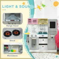 Qaba Play Kitchen Set for Kids W/ Lights Sounds, Apron and Chef Hat, White(m-4)
