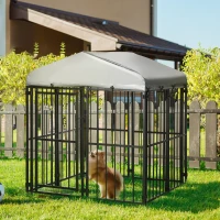 PawHut 4' x 4' Dog Kennel, Outdoor Dog Playpen Run with Waterproof, UV Resistant Canopy, Heavy-Duty Chain Link for Small and Medium Dogs(m-10)