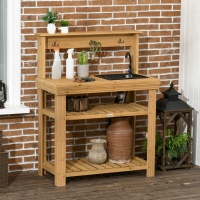 Outsunny Outdoor Potting Bench Table with Faucet, Removable Sink, Hooks and Storage Shelves, Wood Work Bench Workstation for Greenhouse, Garden, Patio, Yellow
