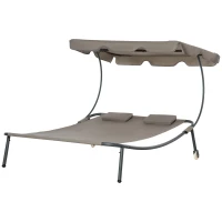 Outsunny Patio Double Chaise Lounge Chair, Outdoor Wheeled Hammock Daybed with Adjustable Canopy and Pillow for Sun Room, Garden, or Poolside, Brown(m-11)