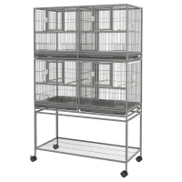 PawHut 61"H Divided Breeder Bird Cage with Rolling Stand Removable Metal Tray, Storage Shelf, Wood Perch, and Food Container, Dark Grey(m-11)
