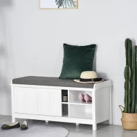 HOMCOM Entryway Shoe Bench Storage Ottoman with Sliding Doors, Adjustable Shelving, 6 Compartments, and Padded Seat, Holds 10 Pairs, White(m-10)
